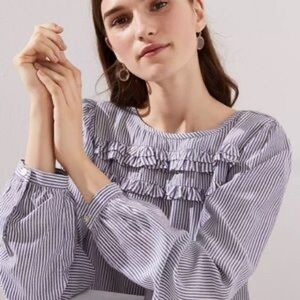 Ann Taylor Loft Blue White Striped Ruffle Top. Sz M